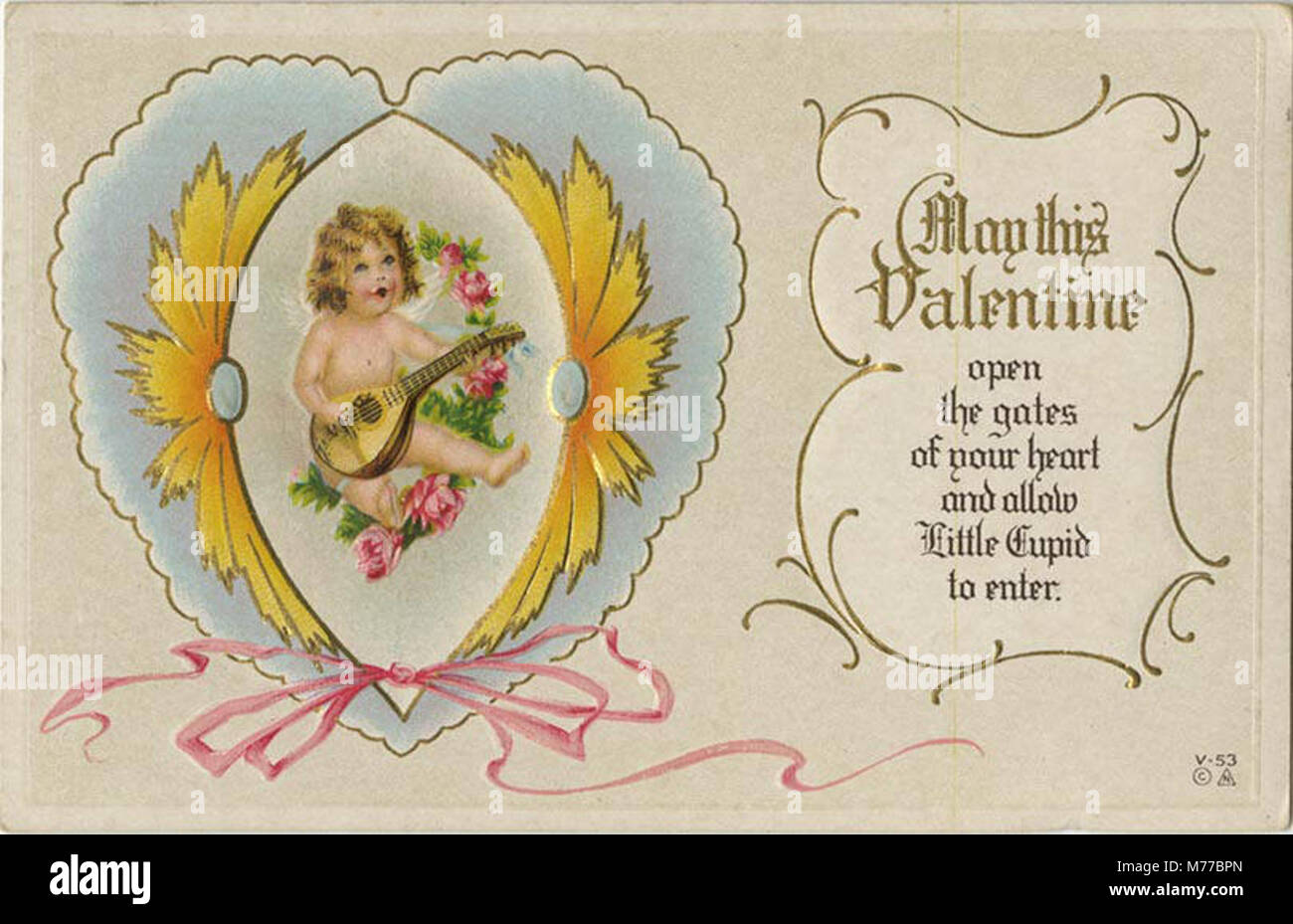 Questa cartolina di San Valentino presenta una rappresentazione artistica di Cupido che suona un liuto, simbolo di amore e affetto nelle immagini romantiche tradizionali. Foto Stock