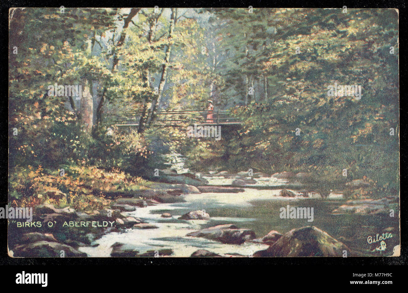 Una cartolina che mostra 'Birks o' Aberfeldy', una scenografica area boschiva in Scozia conosciuta per la sua bellezza naturale e l'associazione con la poesia. Foto Stock