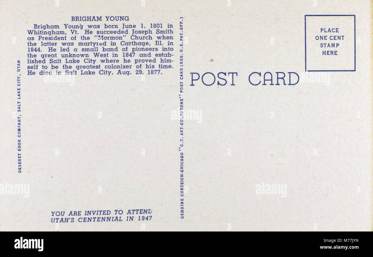 Questo ritratto raffigura Brigham Young, il secondo presidente della Chiesa di Gesù Cristo dei Santi degli ultimi giorni e una figura chiave del movimento mormone, noto per la sua leadership nell'espansione verso ovest. Foto Stock