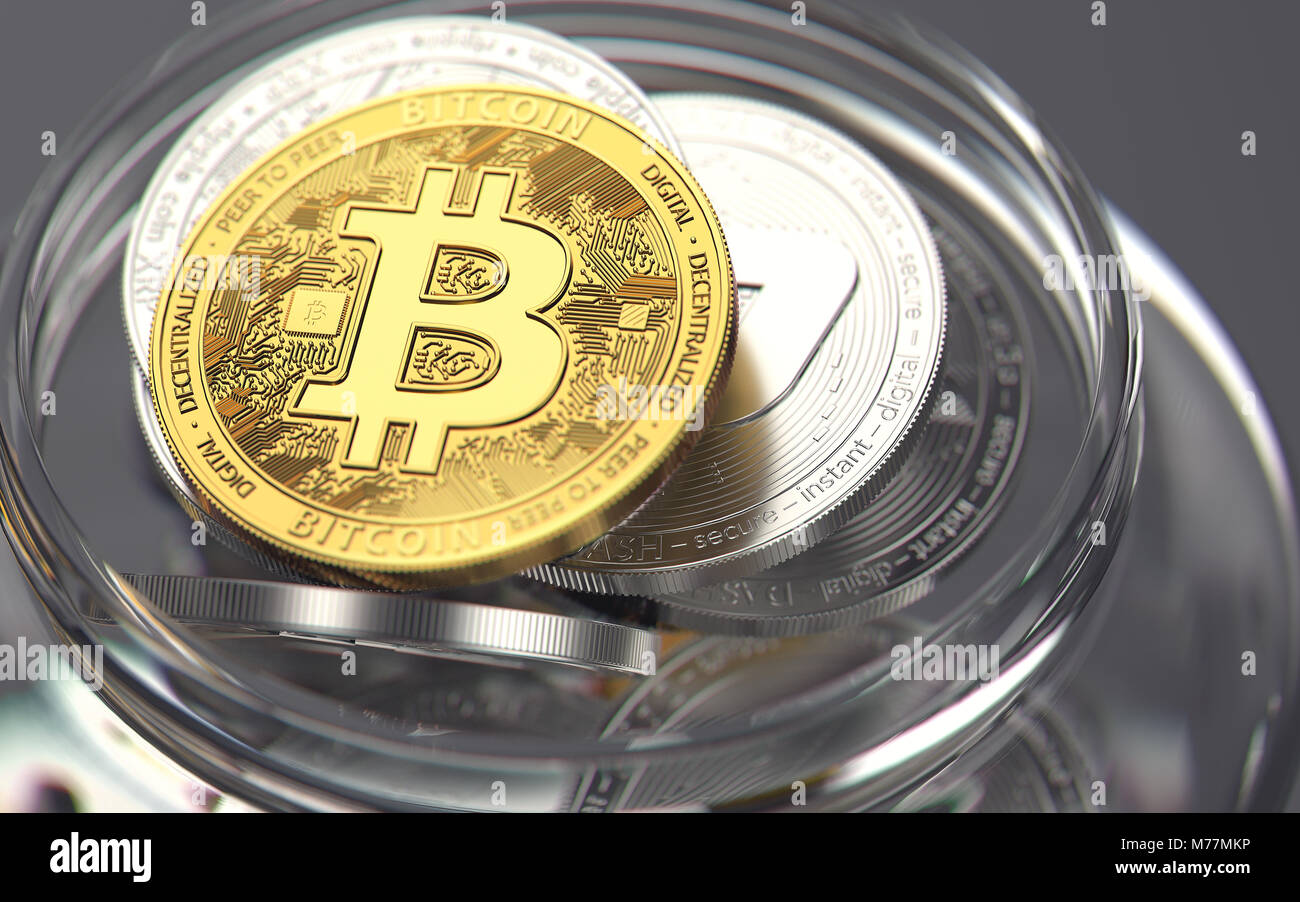 Golden bitcoin sulla sommità della pila cryptocurrencies conservato in un vasetto di vetro. Bad modi di mantenere cryptocurrencies concetto. Il rendering 3D Foto Stock