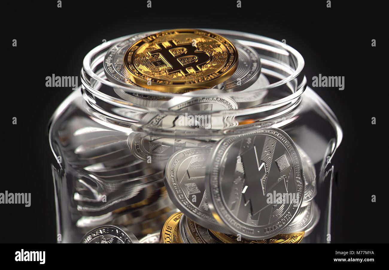 Vaso pieno di cryptocurrencies. Le cattive abitudini nella memorizzazione cryptocurrencies e risorse virtuali. Il rendering 3D Foto Stock