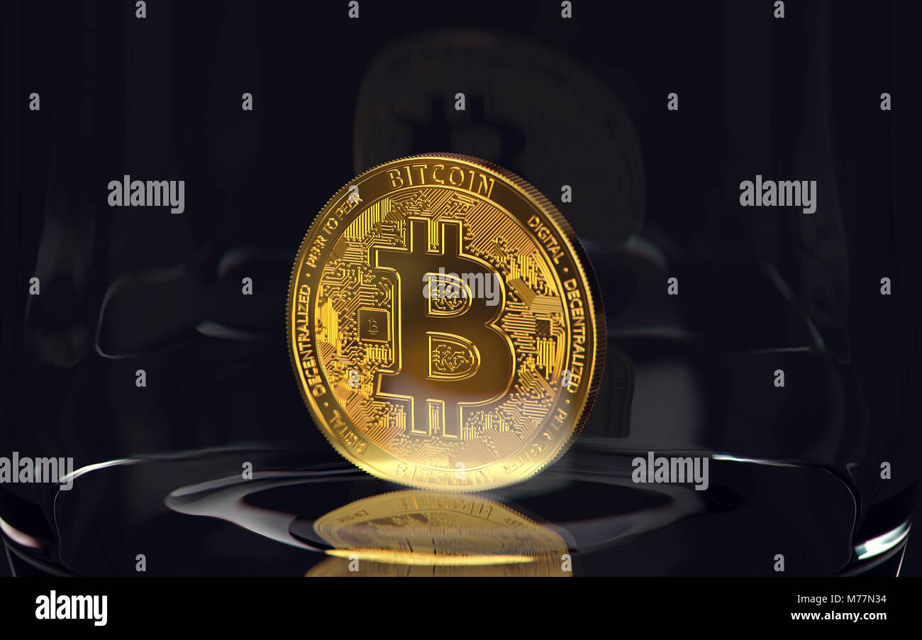 Golden bitcoin in piedi da solo in un recipiente su sfondo nero. Cryptocurrency concetto di archiviazione. Il rendering 3D Foto Stock
