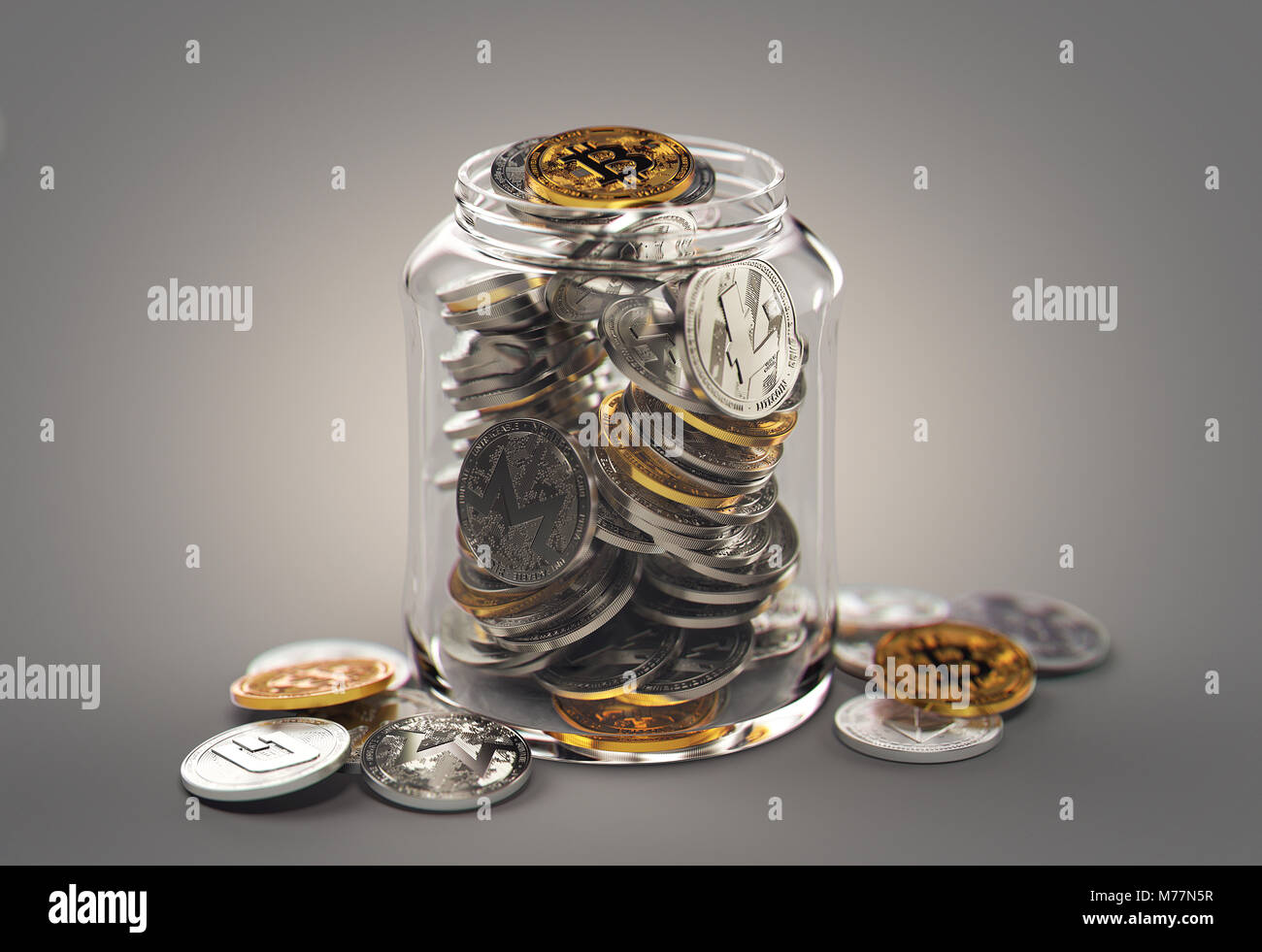 Cryptocurrencies differenti in un vaso. Memorizzazione virtuale di concetto di risparmio. Realistiche in 3D rendering Foto Stock