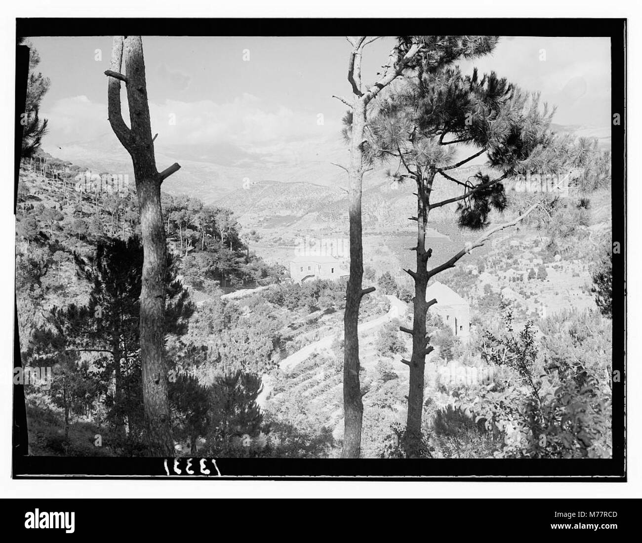 Una vista panoramica della Chouer Valley, presa da D'Hour-es-Chouer. L'immagine mostra la discesa verso Chouer Mt. Casa, che mette in risalto il paesaggio naturale e il terreno montuoso della regione. Foto Stock