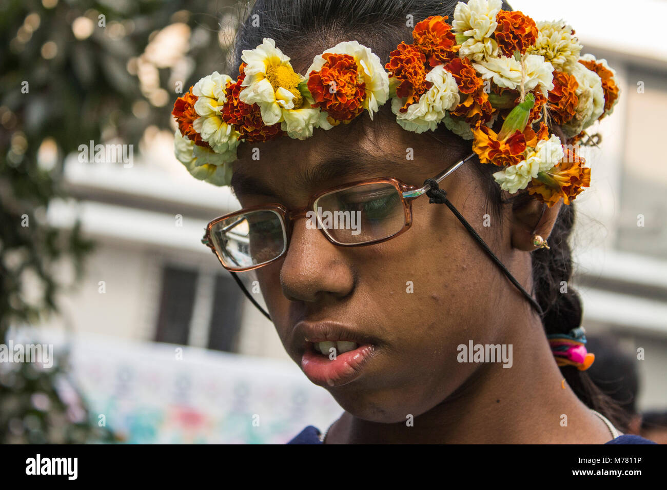 Faccina triste di bambini nella scuola per ciechi Foto Stock