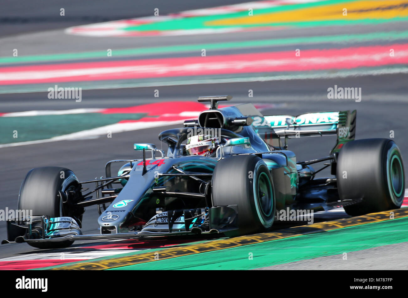 Barcellona, Spagna. 09Mar, 2018. La Mercedes di Lewis Hamilton durante il periodo della Formula 1 prove presso il circuito Barcelona-Catalunya, il 09 marzo 2018, a Barcellona, Spagna. Credito: Gtres Información más Comuniación on line, S.L./Alamy Live News Foto Stock Barcellona, Spagna. 09Mar, 2018. La Mercedes di Lewis Hamilton durante il periodo della Formula 1 prove presso il circuito Barcelona-Catalunya, il 09 marzo 2018, a Barcellona, Spagna. Credito: Gtres Información más Comuniación on line, S.L./Alamy Live News Foto Stock