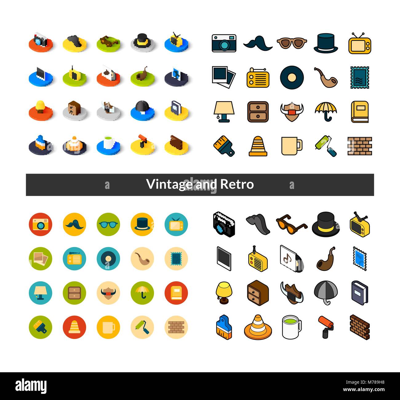Set di icone in stile differente - isometrica e piatto otline, colorate e le versioni di colore nero Illustrazione Vettoriale