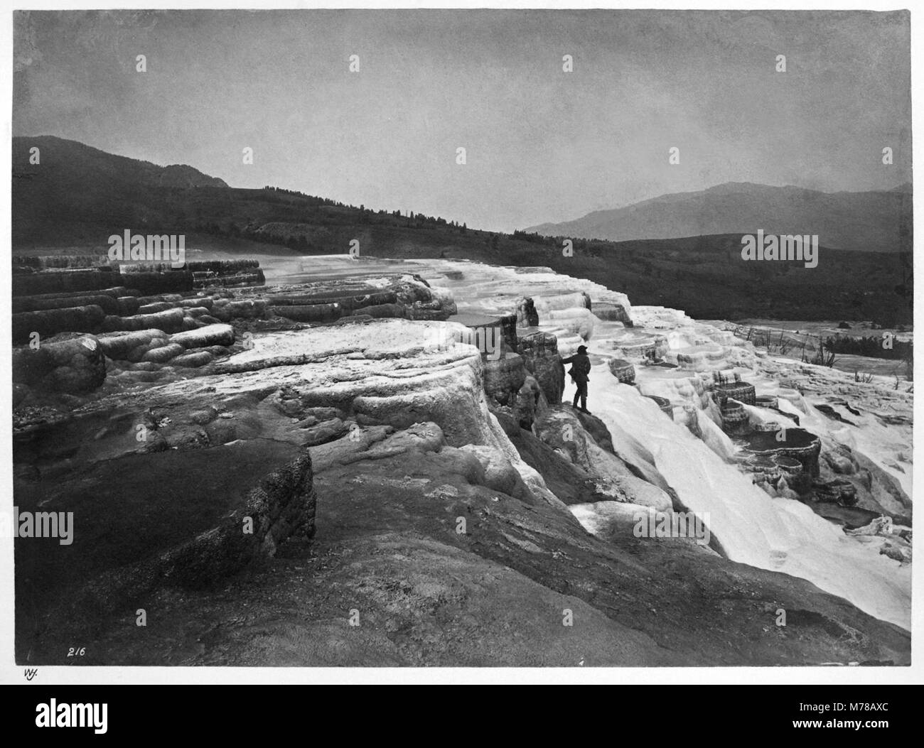 Giove terrazza. Luglio 21-24, 1871 n. 216, 217. Gruppo di bacini superiore. *Questa fotografia di Thomas Moran su Giove terrazza a Mammoth Hot Springs è una delle più famose immagini dal 1871 Hayden sondaggio. Esso può essere stato uno dei Jackson's preferiti personali nonché, in quanto è la sola fotografia ha firmato le sue iniziali al 4-volume impostato ha donato personalmente al Parco Nazionale di Yellowstone. Foto Stock