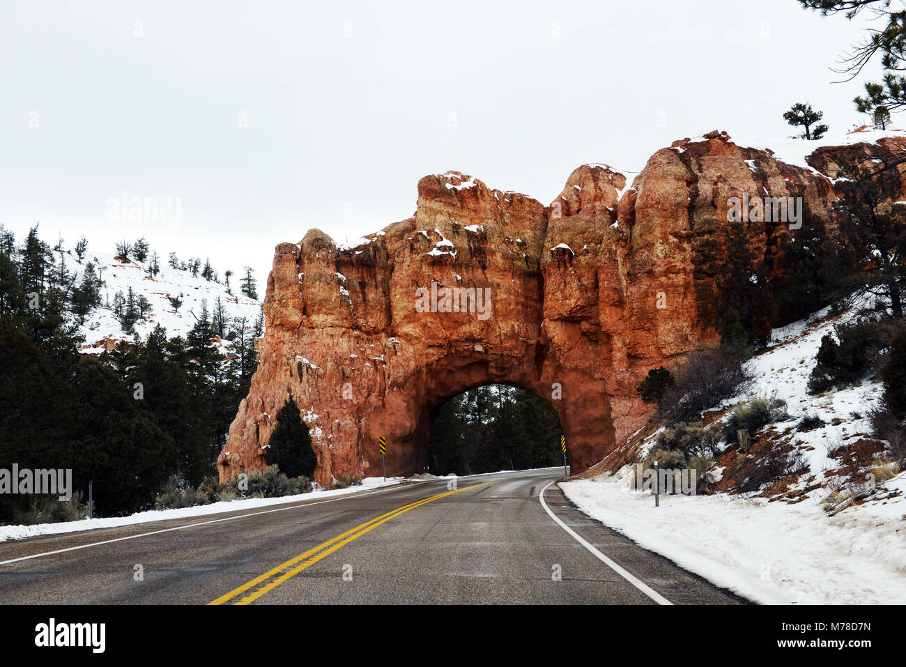 Un piccolo tunnel ad arco nella Red Canyon dello Utah. Foto Stock