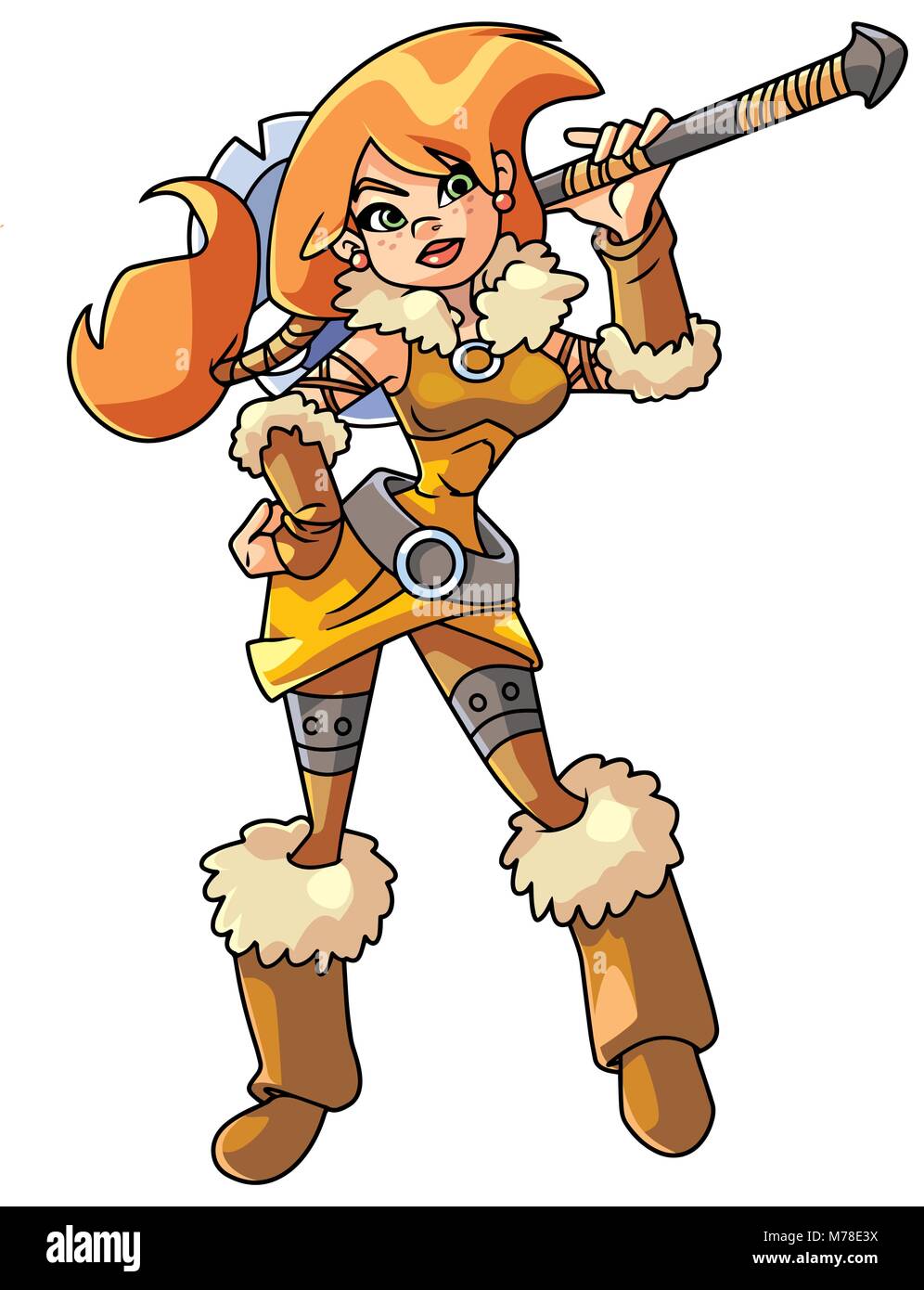 Lunghezza completa illustrazione di un determinato Viking donna che indossa scandinavo costume guerriero contro uno sfondo bianco per una copia dello spazio. Illustrazione Vettoriale