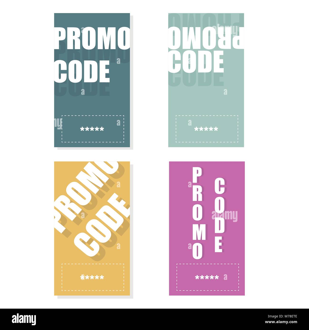 Codice Promo, coupon. Vettore di piatto set di schede design su sfondo bianco. Illustrazione Vettoriale