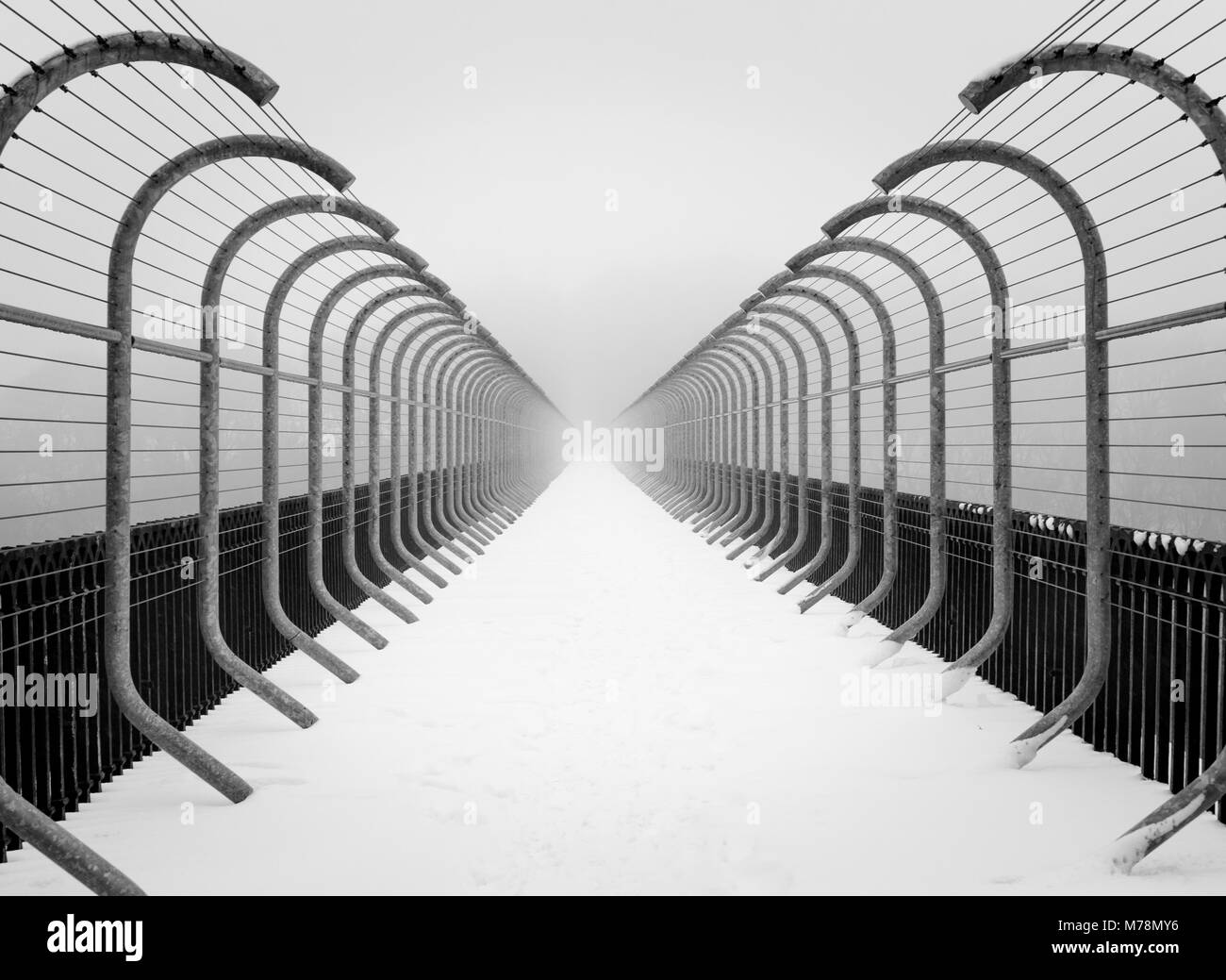 Simili a tunnel in prospettiva di anti suicidio barriere sul ponte in brumoso paesaggio invernale minimalista scena di neve Foto Stock