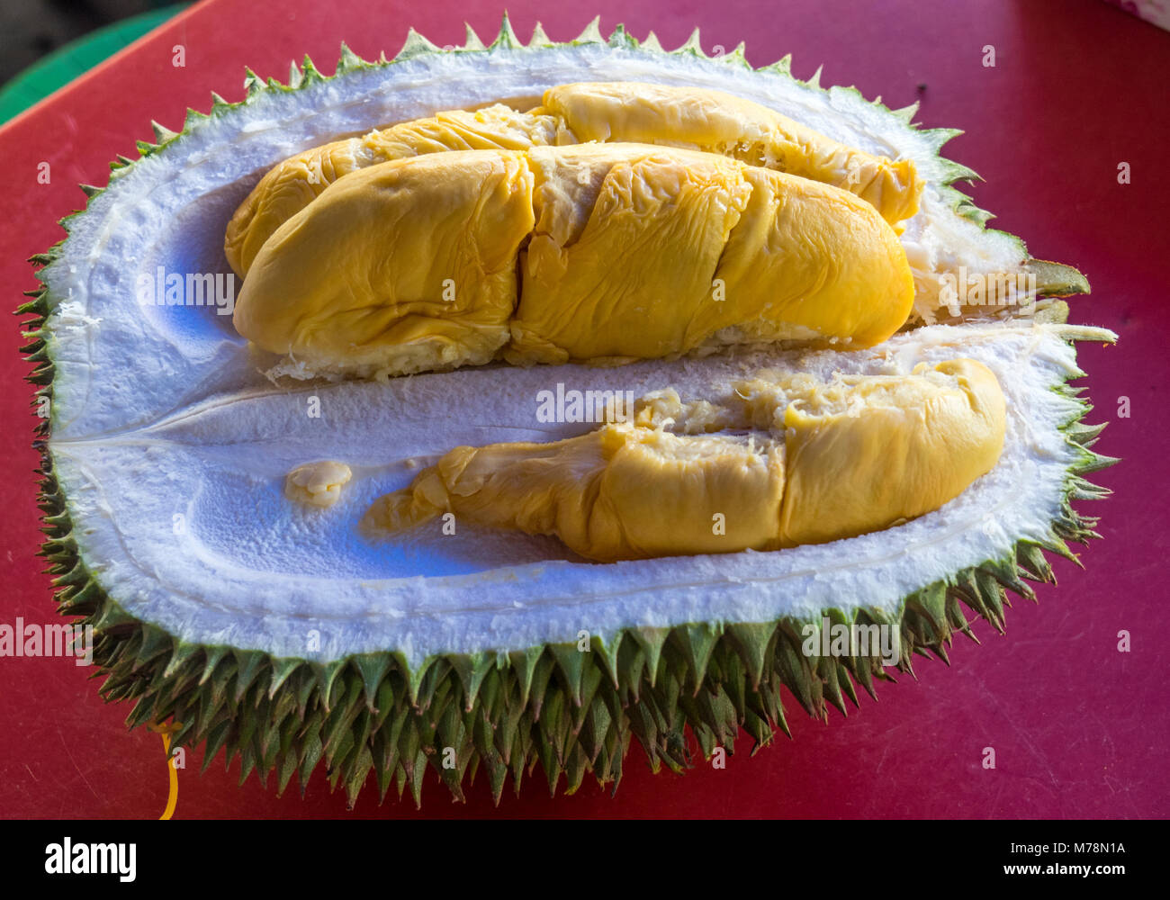 Durian, 'il re della frutta tagliata a metà esponendo il commestibile guance carnose. Foto Stock