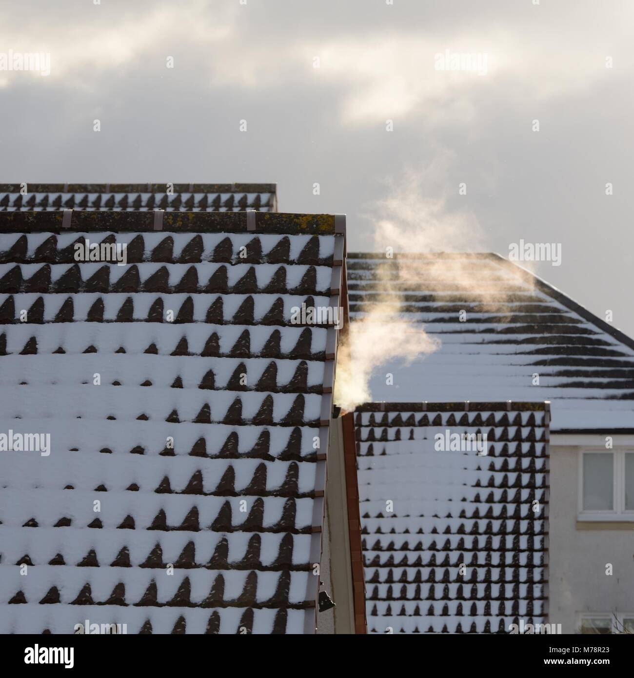 Il vapore da una ventola di riscaldamento si sposta oltre i tetti coperti di neve durante il freddo in Scozia, Regno Unito Foto Stock