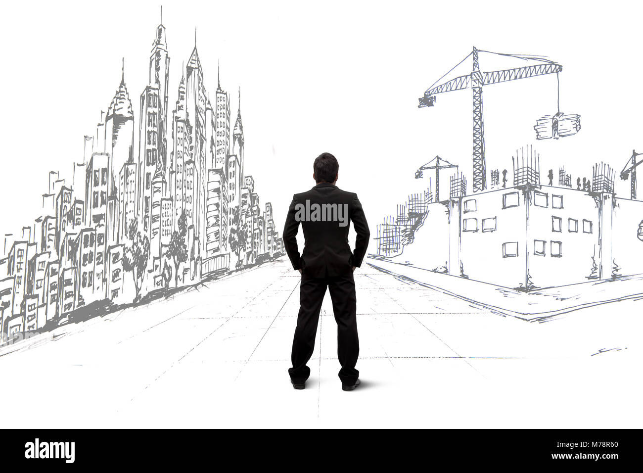 Architetto abbozzare un progetto di costruzione. Foto Stock