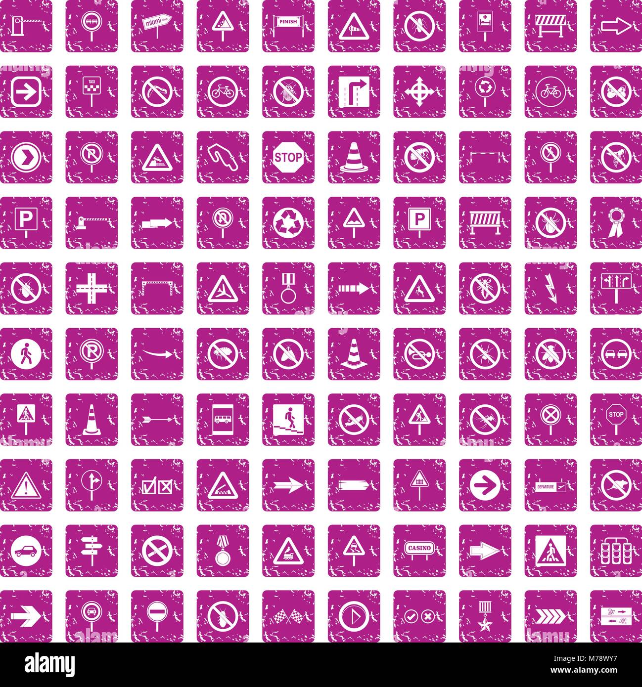 100 segnaletica stradale set di icone grunge rosa Illustrazione Vettoriale