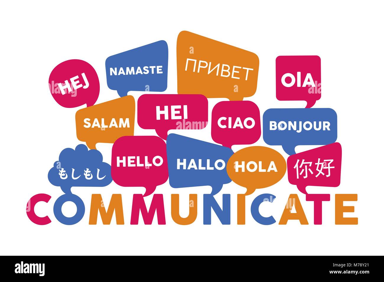 Bolle di chat con diverse lingue straniere hello word, concetto illustrazione per idea di traduzione o di comunicazione internazionale. EPS10 vettore. Illustrazione Vettoriale
