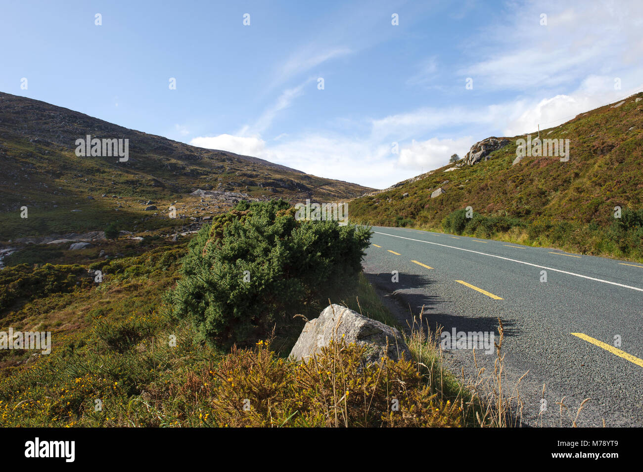 Vista sulla strada nella valle Glendasan in Co Wicklow, Irlanda Foto Stock
