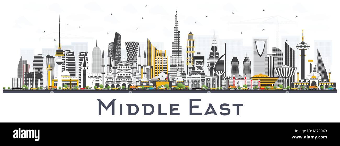 Medio Oriente dello skyline della città con edifici di colore isolato su bianco. Illustrazione Vettoriale. Viaggi di affari e di turismo con il concetto di architettura moderna. Illustrazione Vettoriale