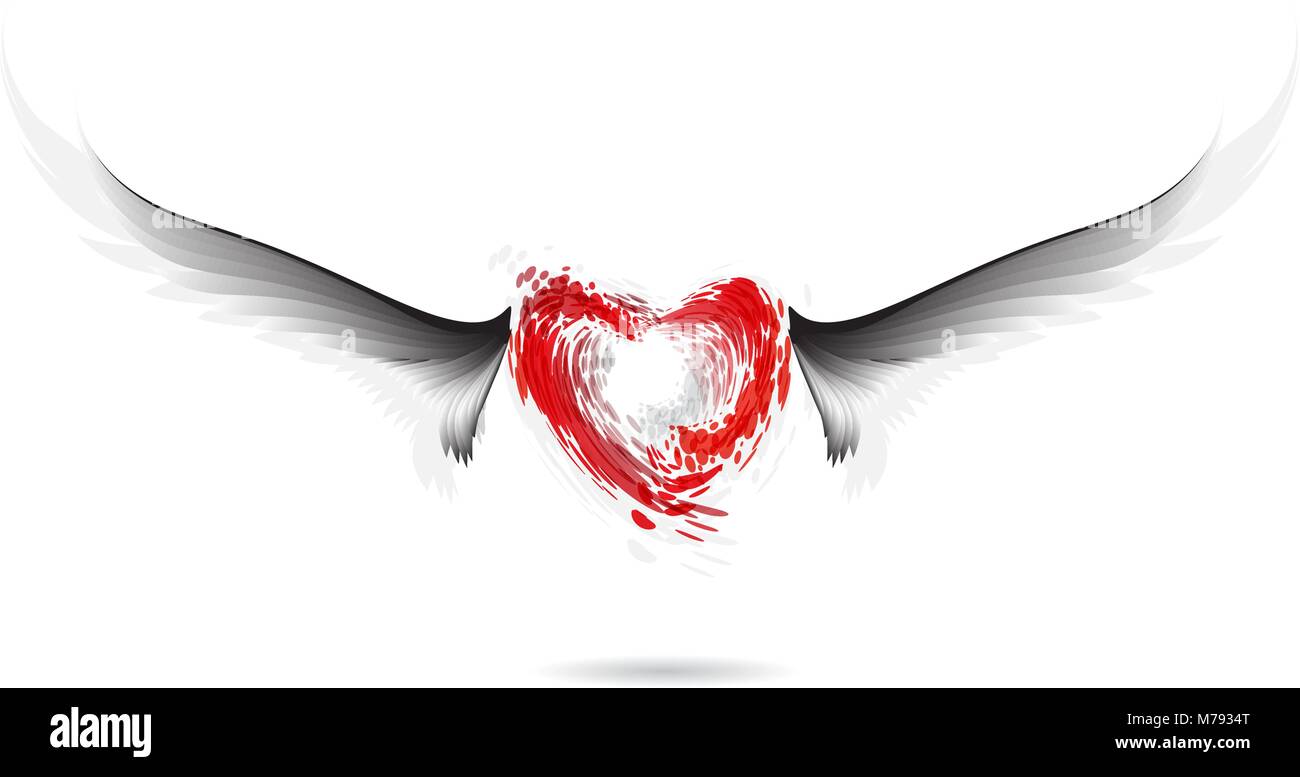 Cuore rosso e grigio ali su sfondo bianco Illustrazione Vettoriale