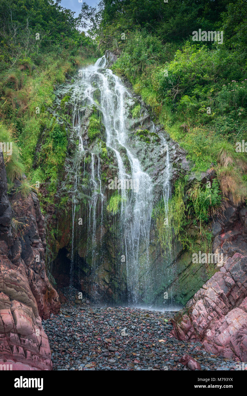 Clovelly cascata è una popolare attrazione turistica che si trova ad una breve distanza a piedi tutta la spiaggia da famosi villaggio di pescatori di Clovell Foto Stock