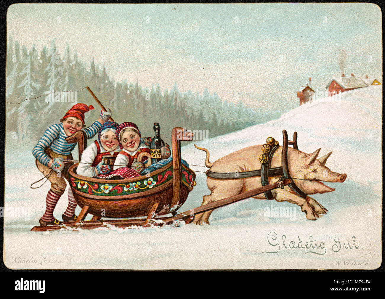 Questa divertente illustrazione natalizia, disegnata da Wilhelm Larsen, riflette lo stile distintivo dell'artista, catturando lo spirito festivo in modo spensierato. Foto Stock