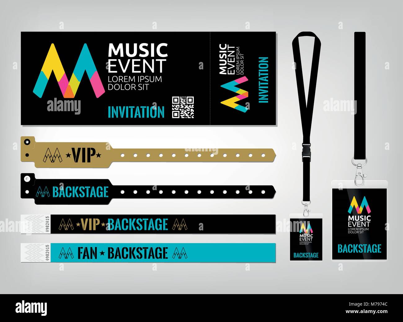 Mockup di accesso diversi modelli di controllo. Adatto per eventi, concerti, feste, sagre ed aree private. Bracciali, ticket e cordini. Facile Illustrazione Vettoriale