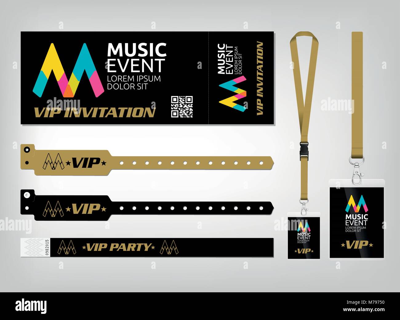 Mockup di accesso diversi modelli di controllo. Adatto per eventi, concerti, feste, sagre ed aree private. Bracciali, ticket e cordini. Facile Illustrazione Vettoriale