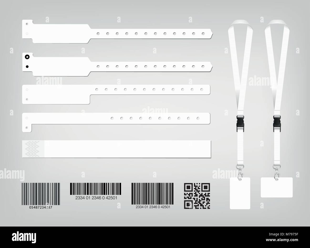 Mockup di diversi modelli di bracciale, cordino, e i codici di sicurezza. Colore bianco. Posto per il vostro testo. Template vettoriale Illustrazione Vettoriale