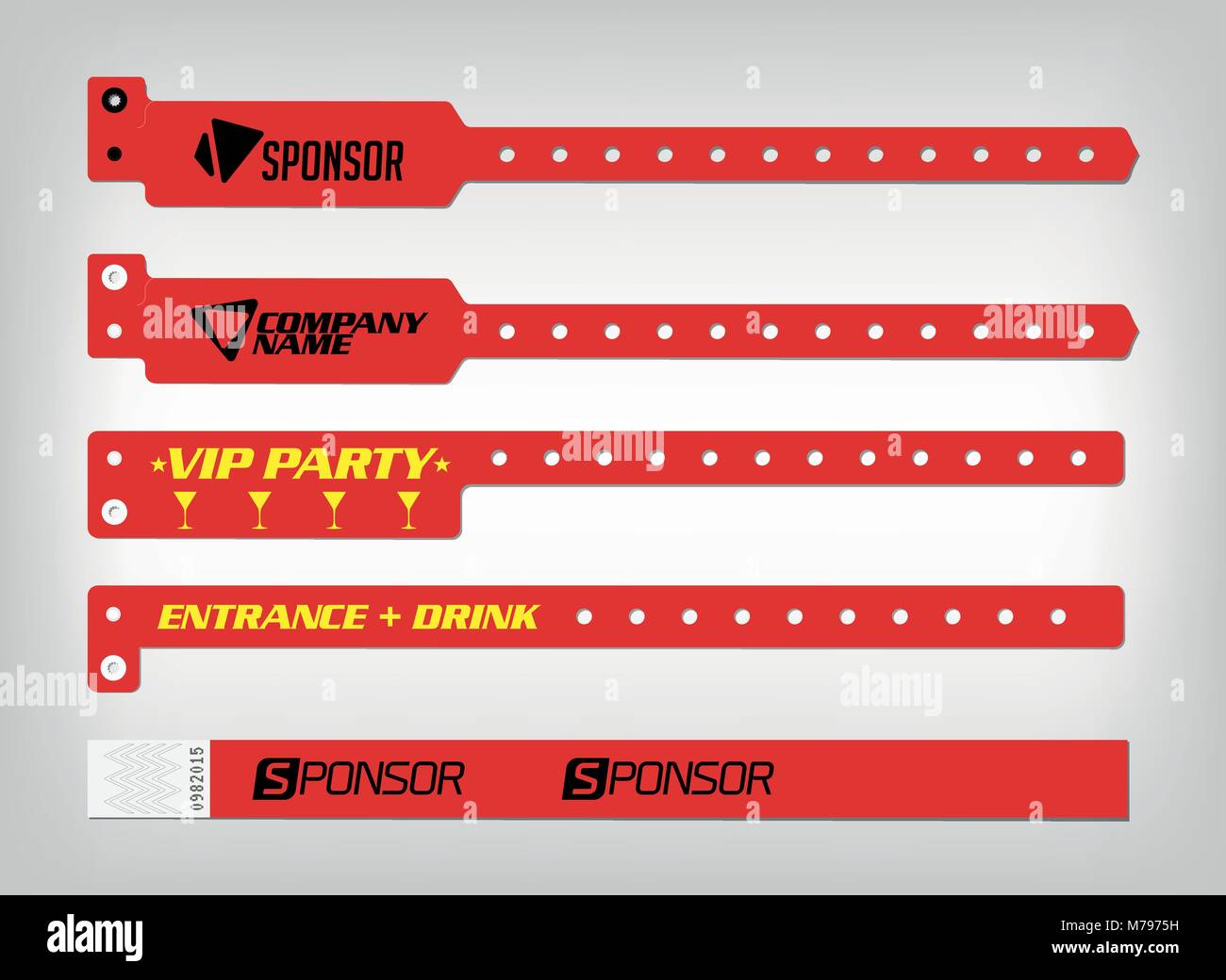 Mockup di differenti tipi di bracciale. Adatto per accesso di sicurezza, di controllo o di identificazione presso gli eventi. Modello di vettore per i vostri disegni. Esempio in Illustrazione Vettoriale