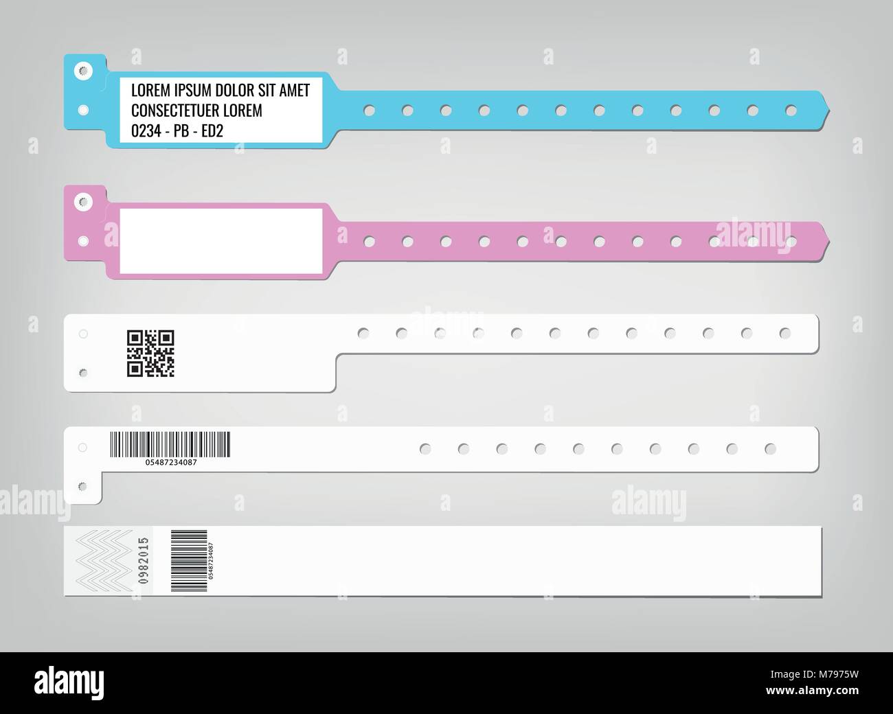 Mockup di diversi modelli di bracciale e codici di sicurezza. Adatto per ospedali e centri sanitari. Posto per il vostro testo. Template vettoriale Illustrazione Vettoriale
