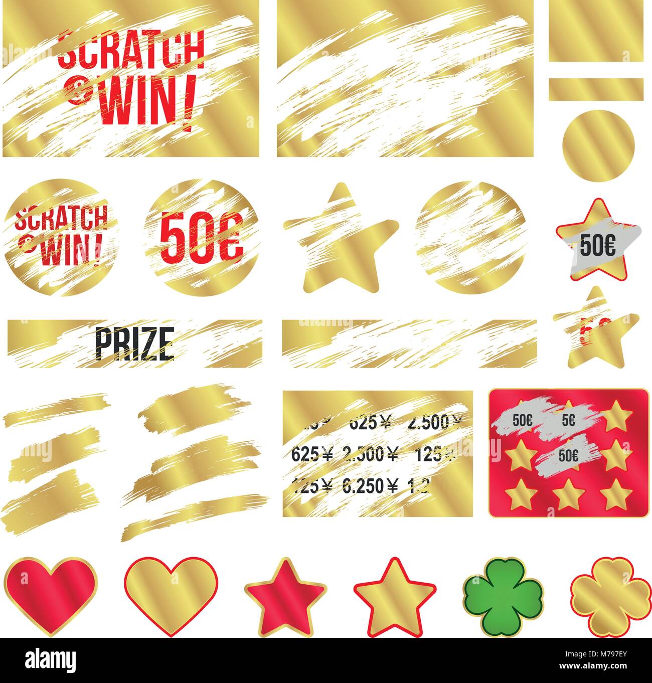 Lettere scratch per vincere. Con effetto da graffi. Adatto per scratch card game e vincere. Effetto oro. vettore Illustrazione Vettoriale