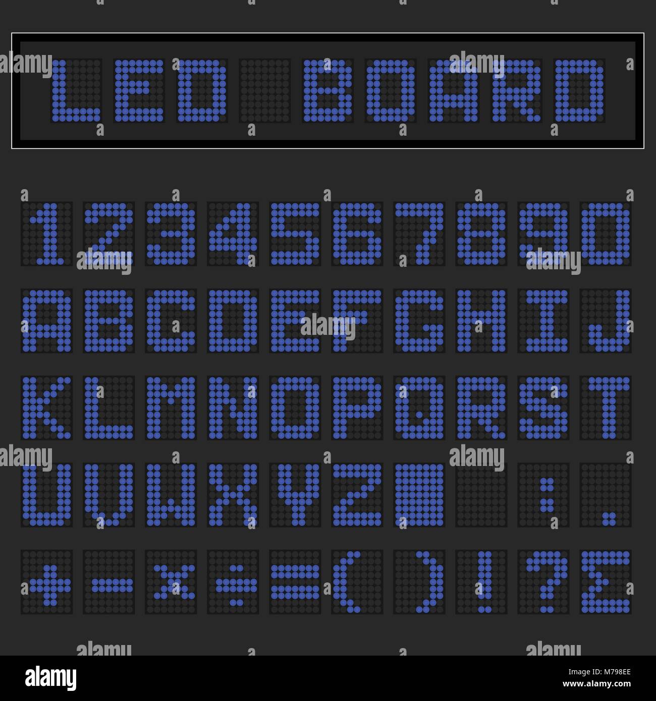 LED blu digital inglese font di caratteri maiuscoli, il numero e la matematica visualizzazione del simbolo su sfondo nero Illustrazione Vettoriale