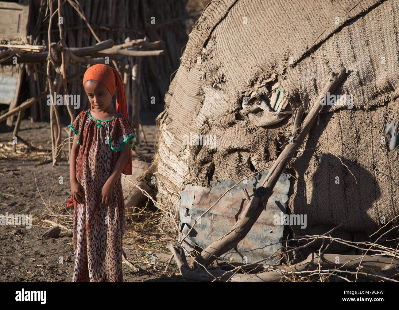 Ritratto di un etnia afar ragazza nella parte anteriore del suo rifugio, regione di Afar, Afambo, Etiopia Foto Stock
