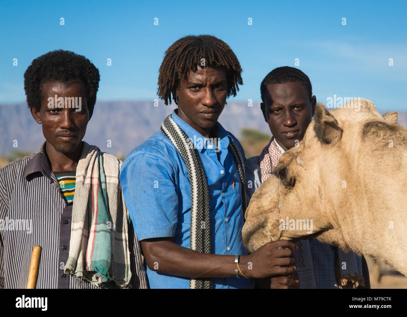 Etnia Afar degli uomini con i loro cammelli, regione di Afar, Afambo, Etiopia Foto Stock