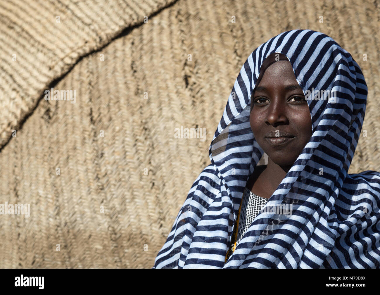Etnia Afar ragazza nella parte anteriore del suo rifugio, regione di Afar, Afambo, Etiopia Foto Stock