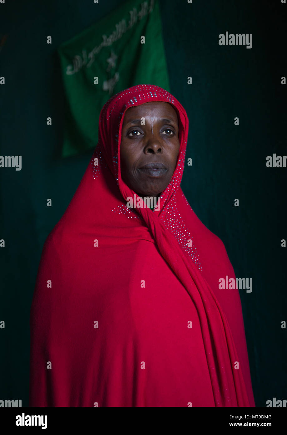 Donna Sufi di fronte islamico bandiera verde, Harari regione, Harar, Etiopia Foto Stock
