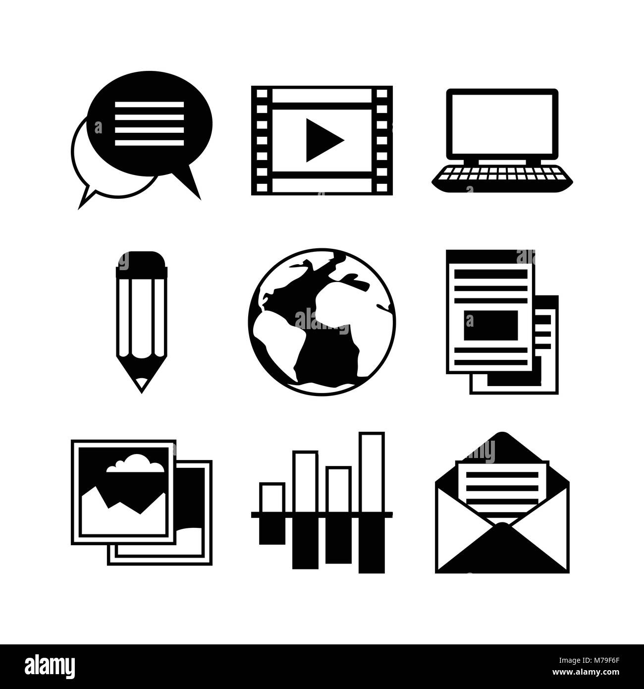 Media e comunicazione set di icone di blog Illustrazione Vettoriale