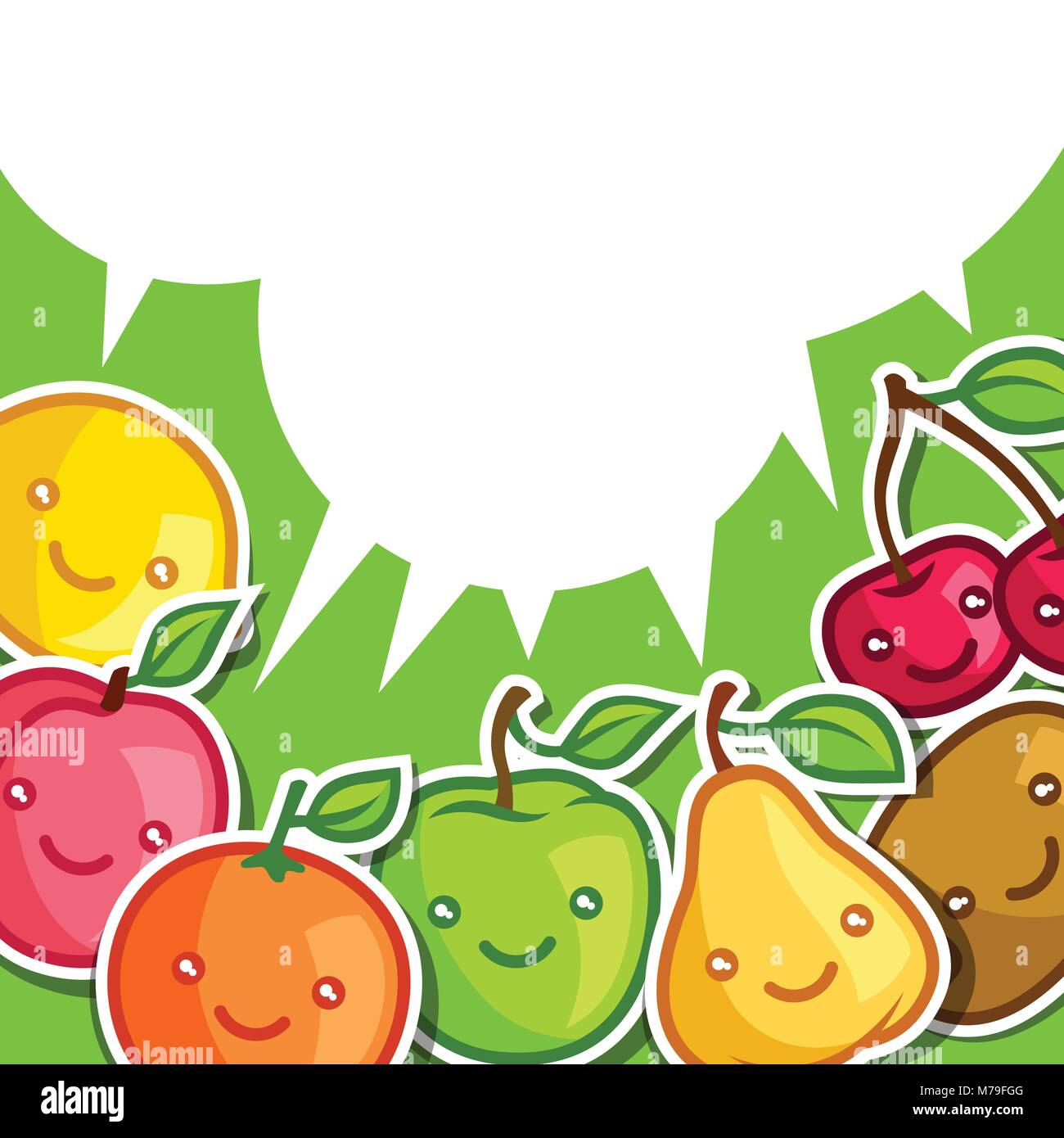 Sfondo con cute kawaii sorridente frutti adesivi Illustrazione Vettoriale