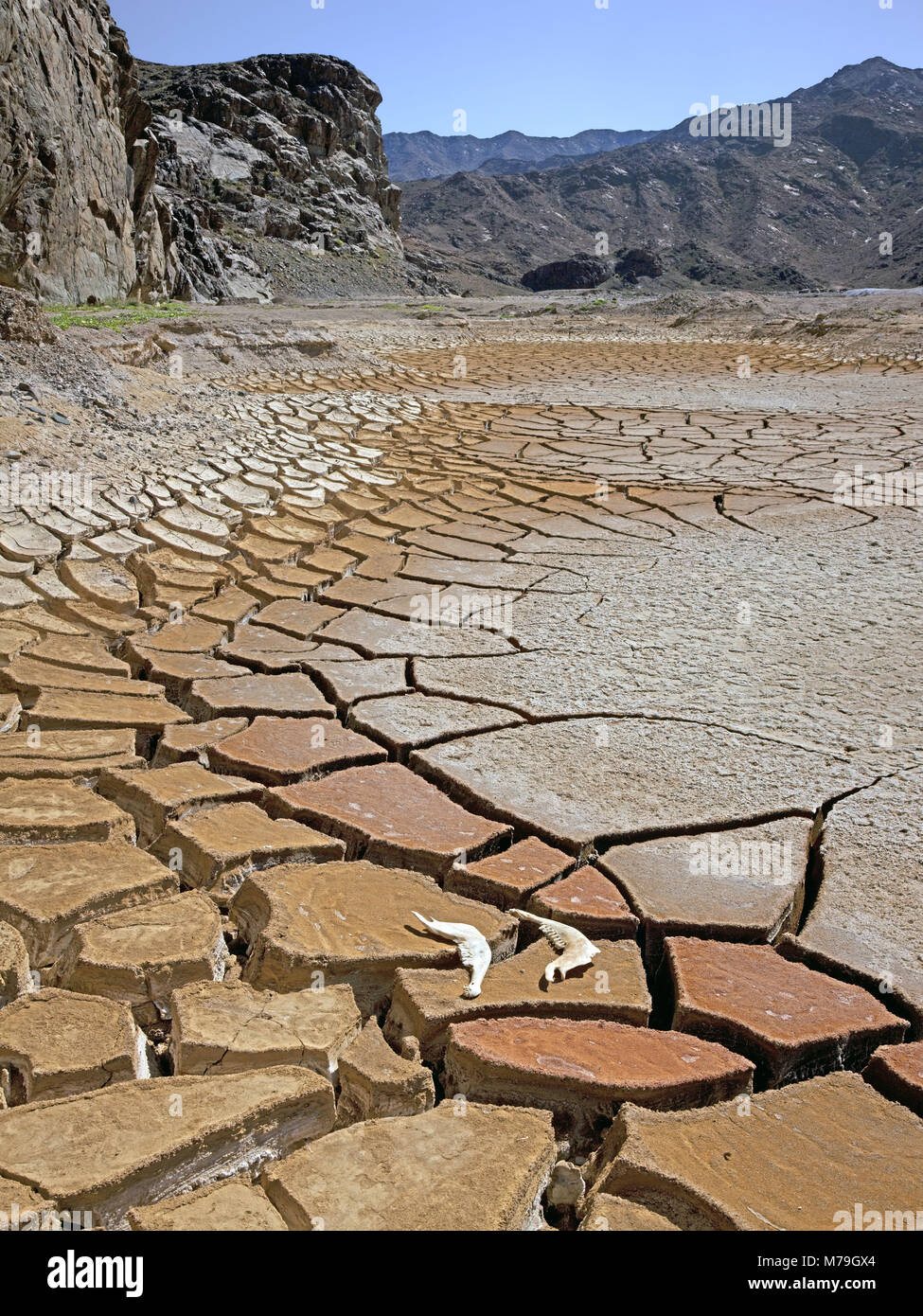 Africa, Namibia, Ai-Ais National Park, riverbed arida, area di confine, Sud Africa, scenario, deserto deserto montagna, flusso effimero, rock, bluff, depositi fluviali, marne, rock, sabbia, fessure a secco, le ossa di animali, Foto Stock