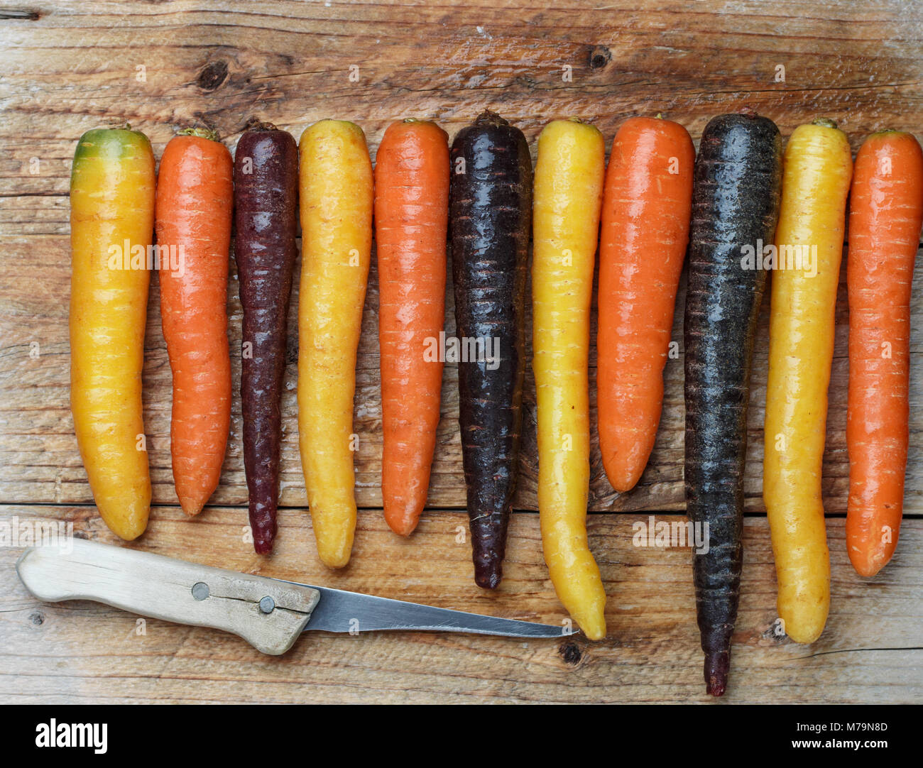 Verdure colorate. Organici di colore giallo, rosso, arancione e viola le carote su una tavola di legno. Stile rustico Foto Stock