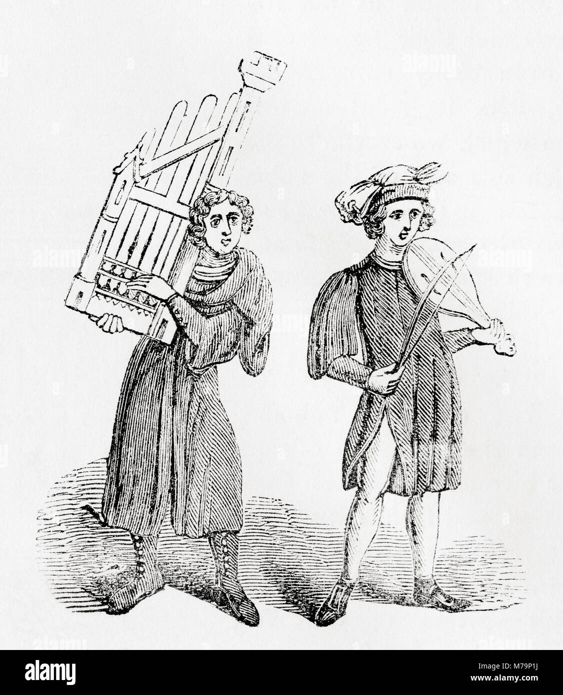 Musicisti di suonare di un organo a mano o dulcimer e un violino nel Medioevo. Da Vecchia Inghilterra: un museo pittorico, pubblicato nel 1847. Foto Stock