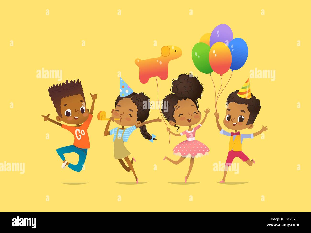 Gioiosa afro-americano di ragazzi e ragazze con i palloncini e cappelli di compleanno felicemente salta con le mani alzate. Festa di compleanno illustrazione vettoriale per sito web banner, poster, flyer, invito. Illustrazione Vettoriale