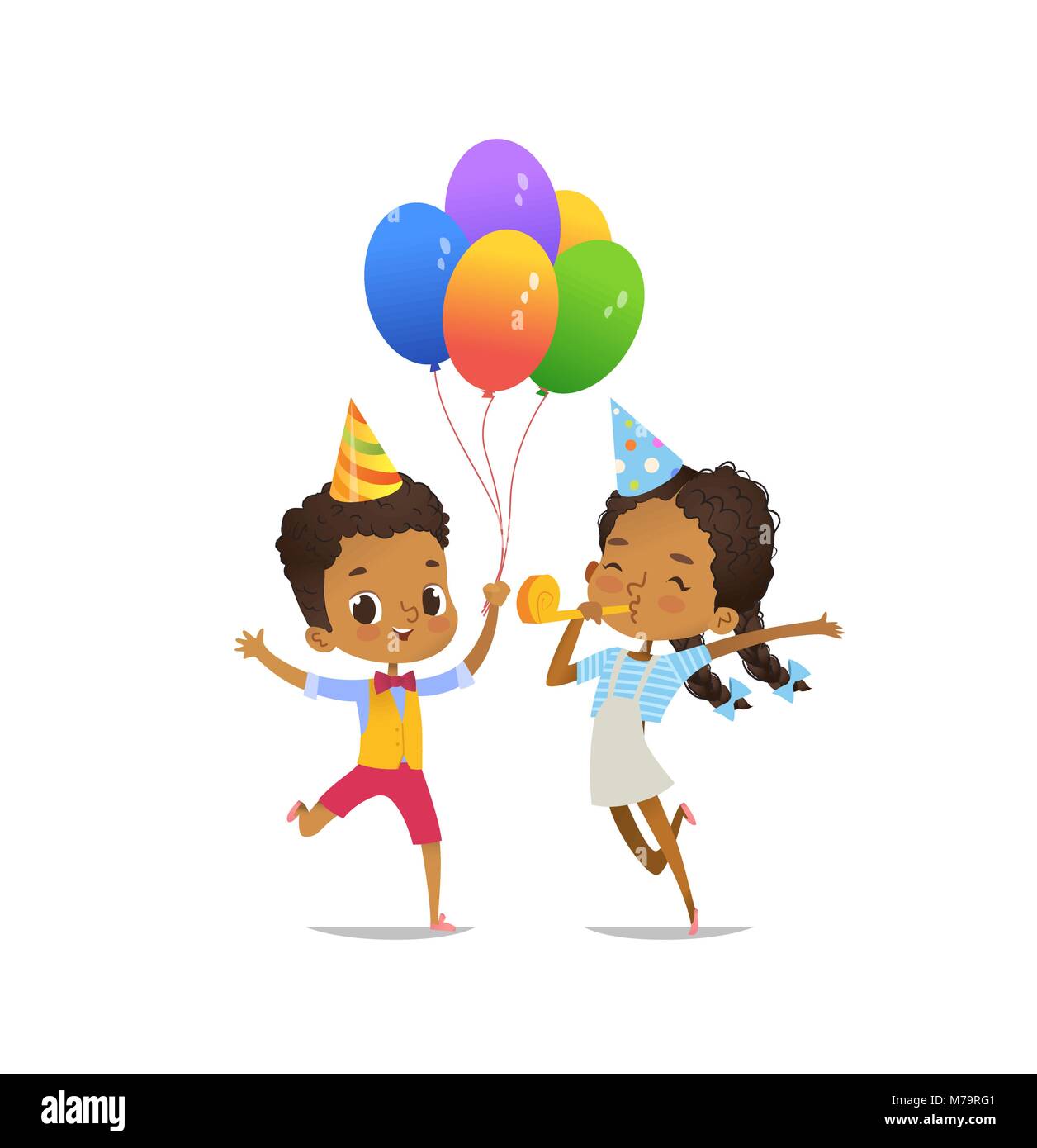 Felice afro-americano di bambini con i palloncini e compleanno hat felicemente saltando su sfondo bianco. Illustrazione Vettoriale per la festa di compleanno flyer, sito web banner, poster, flyer, invito. Isolato. Illustrazione Vettoriale