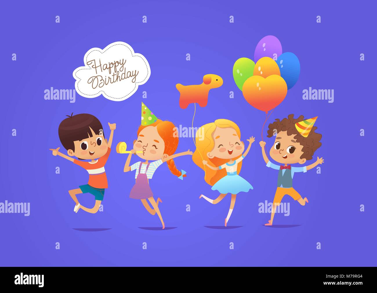 Felici i bambini con i palloncini e cappelli di compleanno felicemente salta con le mani contro lo sfondo blu. Festa di compleanno di caratteri. Illustrazione Vettoriale per sito web banner, poster, invito Illustrazione Vettoriale