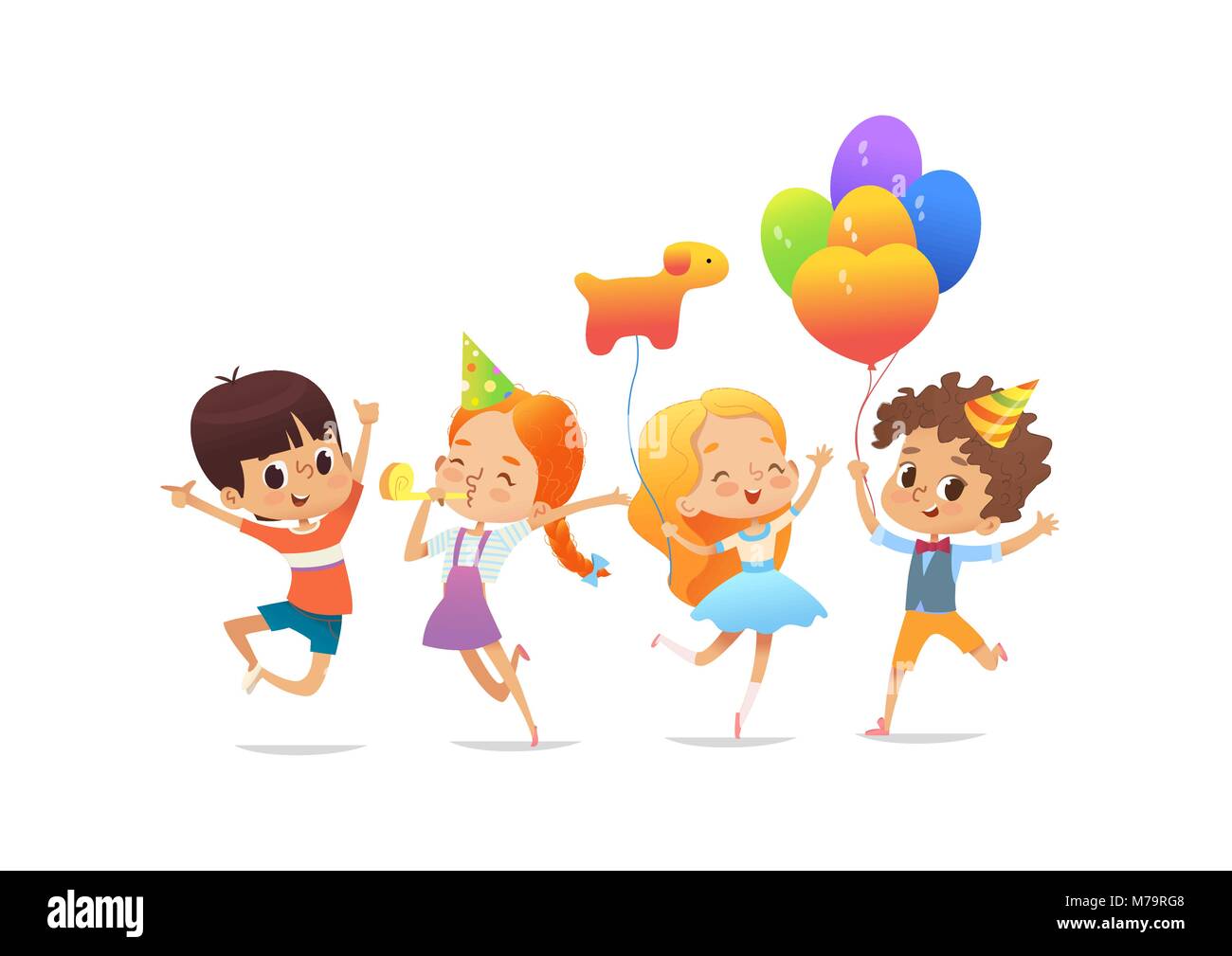 Scuola felici i bambini con i palloncini e cappelli di compleanno con gioia il salto contro uno sfondo bianco. Festa di compleanno illustrazione vettoriale per sito web banner, poster, flyer, invito. Isolato. Illustrazione Vettoriale