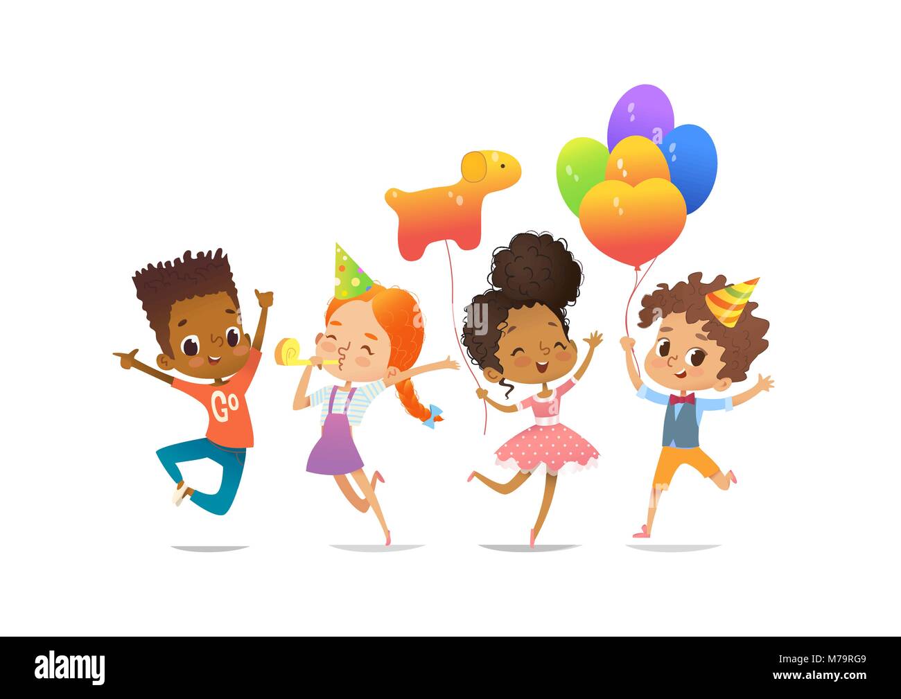 Emozionato multirazziale ragazzi e ragazze con i palloncini e cappelli di compleanno felicemente salta con le mani alzate. Festa di compleanno illustrazione vettoriale per sito web banner, poster, flyer, invito. Isolato. Illustrazione Vettoriale
