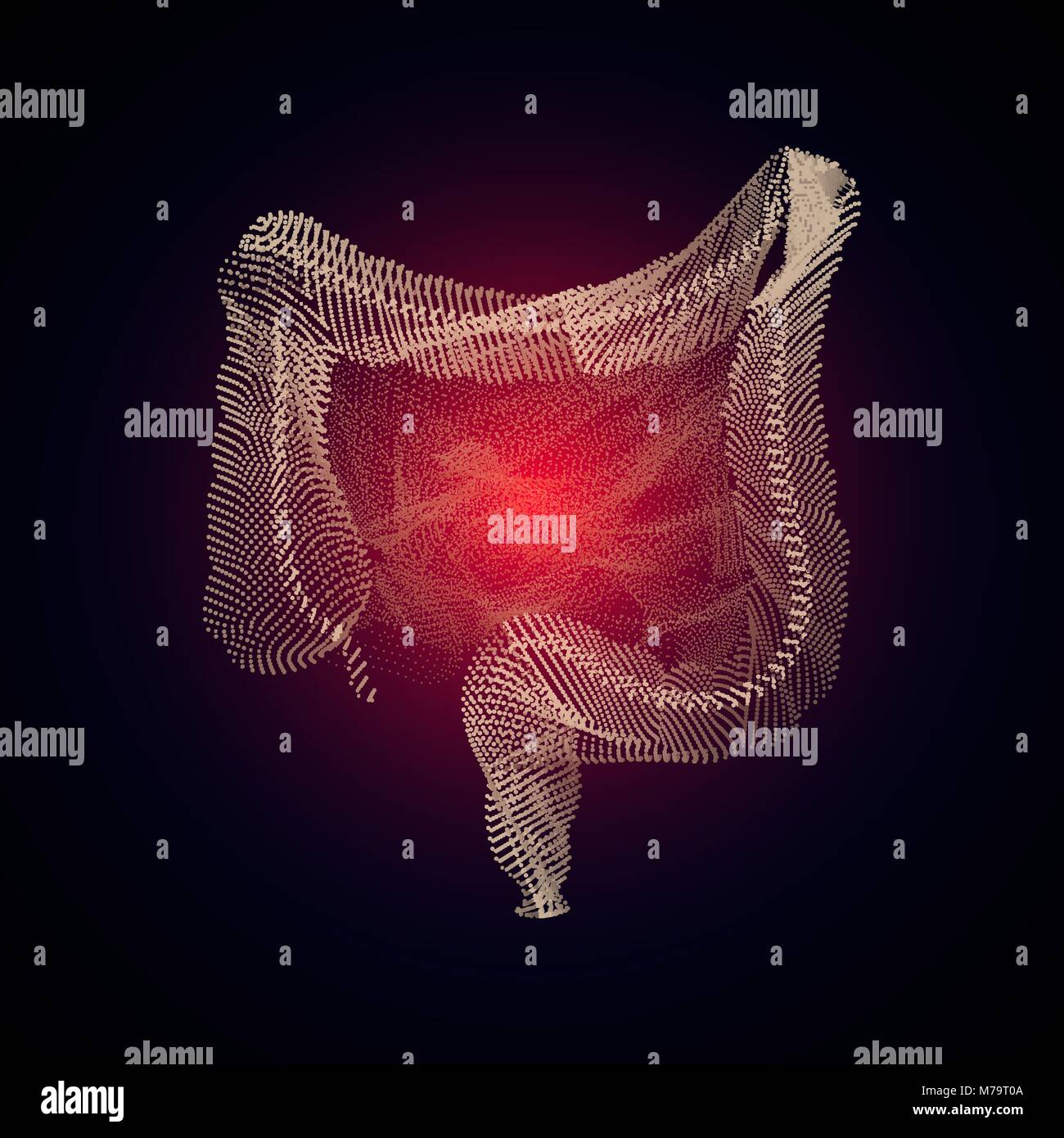 Vettore di intestino isolato con dolore centro. 3D organo umano concetto di medicina con la linea. Apparato digestivo umano intestini gut anatomia del tratto gastrointestinale schema. Meteorism, enterite, coliti, colite ulcerosa, Dysbacteriosis, diarrea. Le malattie dell'intestino Illustrazione Vettoriale