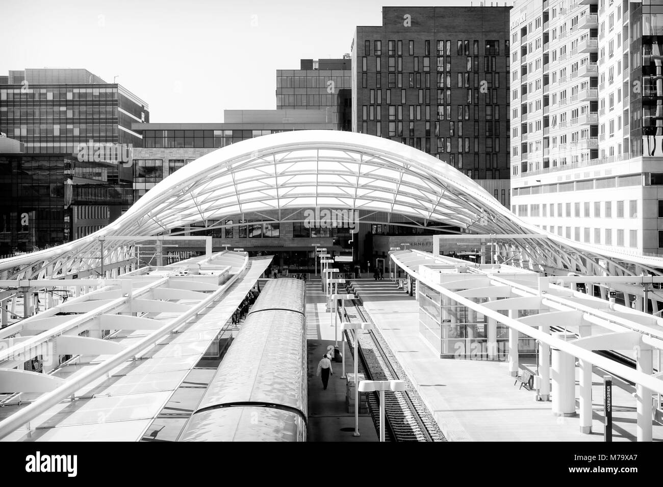 La piattaforma del treno alla Stazione Union, Denver, Colorado, STATI UNITI D'AMERICA Foto Stock