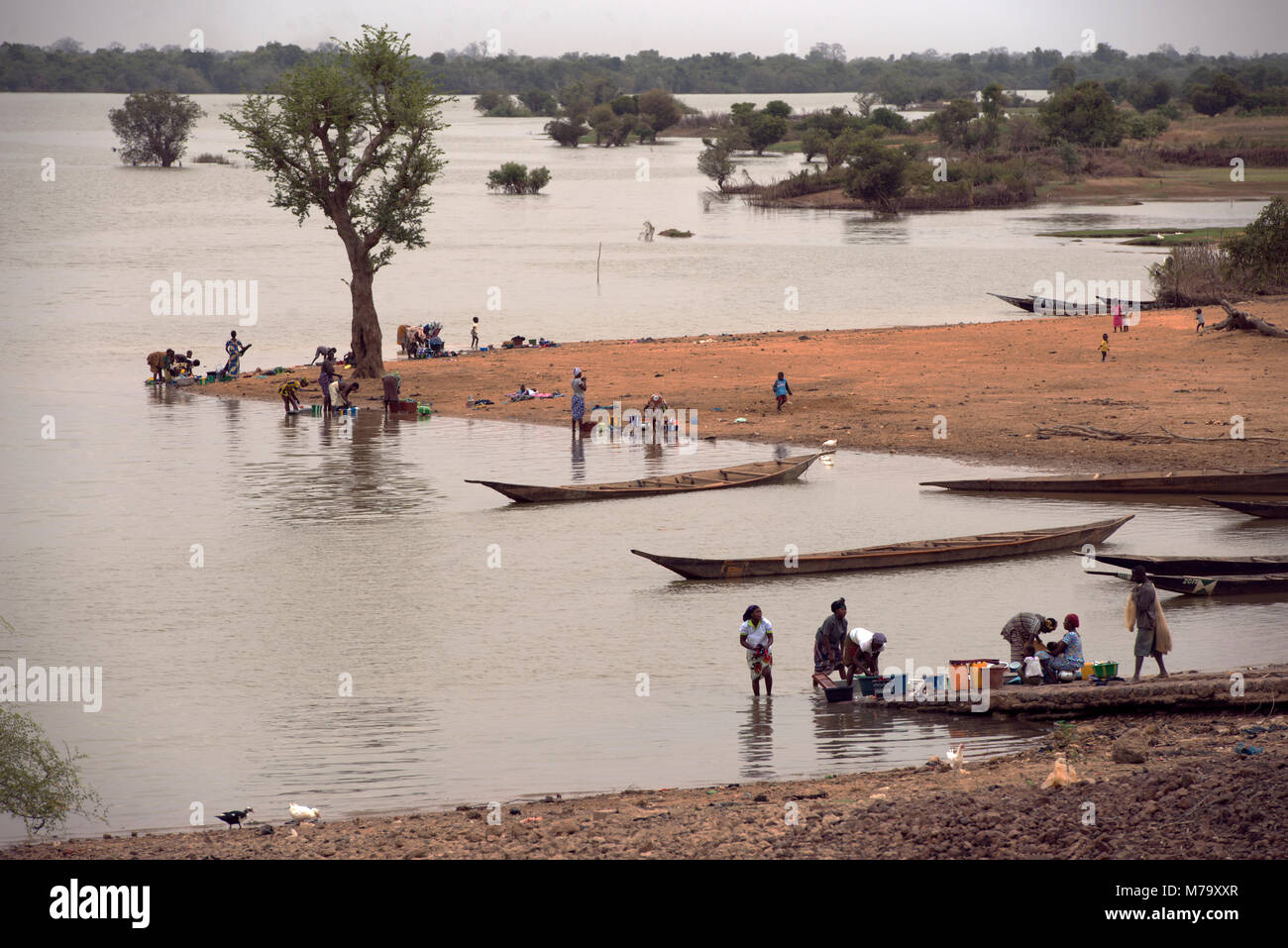 Persone provenienti da una piccola comunità fluviali lavando loro i vestiti e gli utensili nel Fiume Bani Mopti Regione, Mali, Africa occidentale. Foto Stock